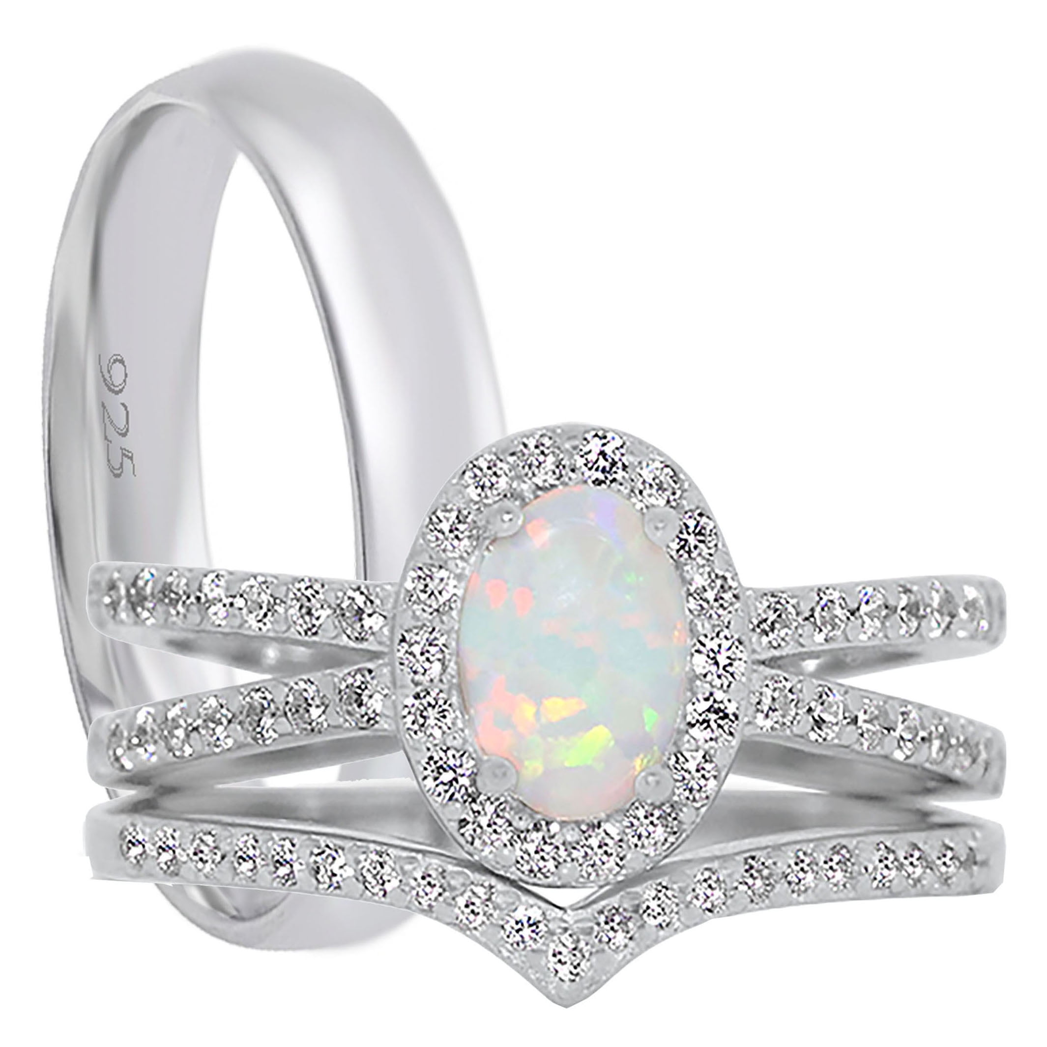 Silver Wedding Rings for Him Her Opal Engagement Couples TRIO Set 10/10